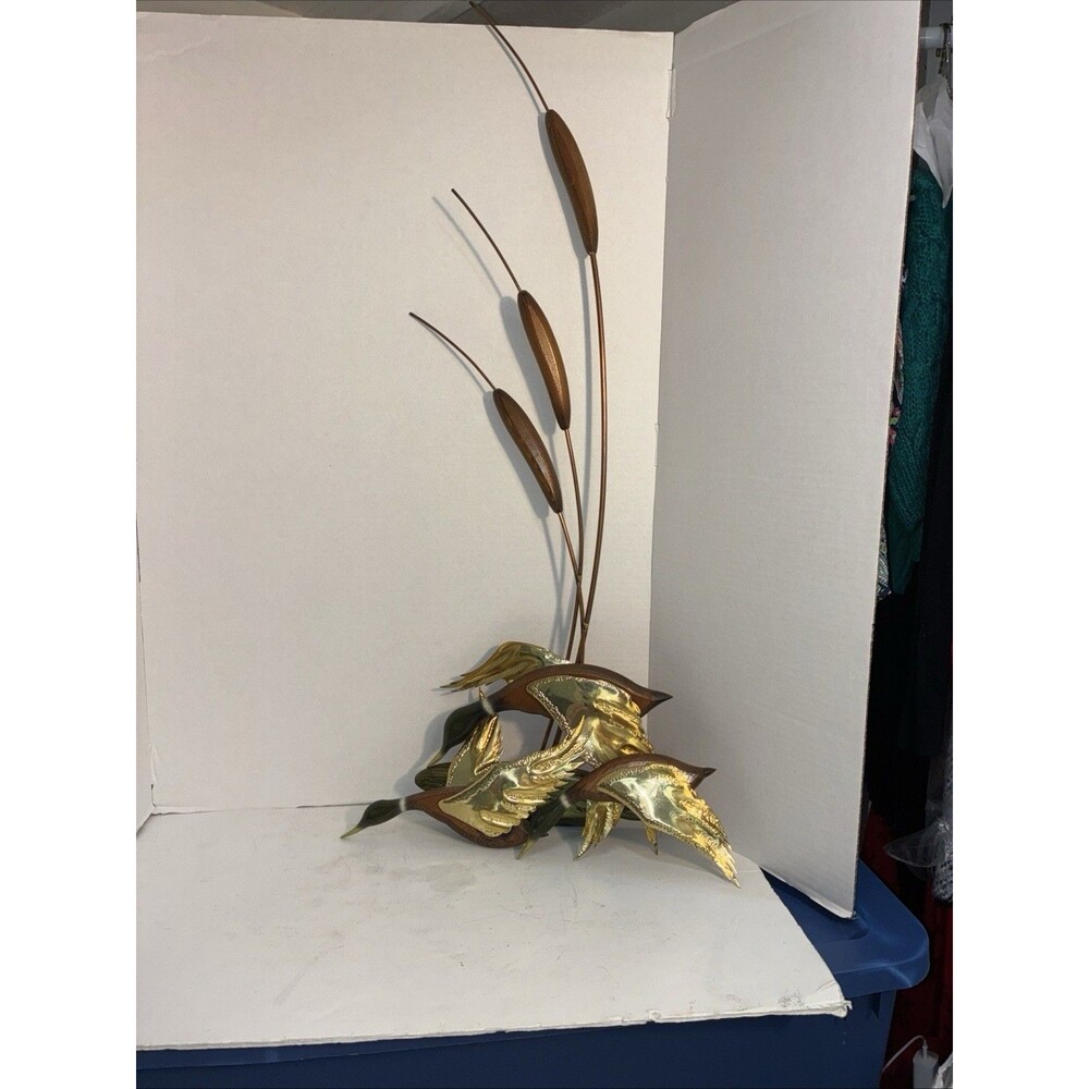 vtg homco wall sculpture copper cattails 3 wooden mallards MCM